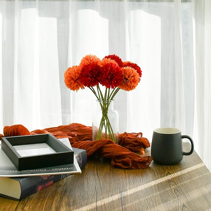 Mandy's Red and Orange Artificial Ball Chrysanthemum 12 Stems Faux Flowers with Bendable Stems for DIY Wedding Centerpiece Fall Decor Home Arrangements