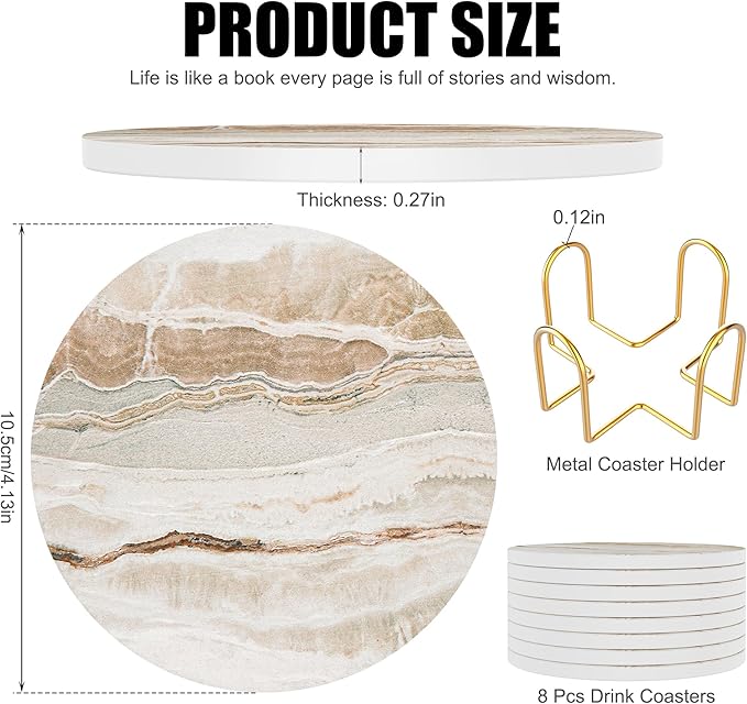 Coasters for Drinks Set of 8, Absorbent Marble with Metal Golden Holder, Ceramic Coaster Set Cup Mat for Home Decor, Bar, Kitchen, Party