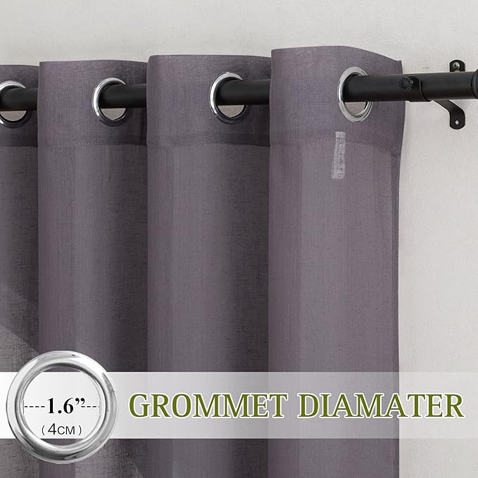 NICETOWN Flax Linen Sheer Curtains for Patio Sliding Door, Grommet Semi Sheer Linen Blend Curtains Privacy Drapes with Light Filter for Villa/Cottage, W70 x L84, Purple Brown, 1 Pair