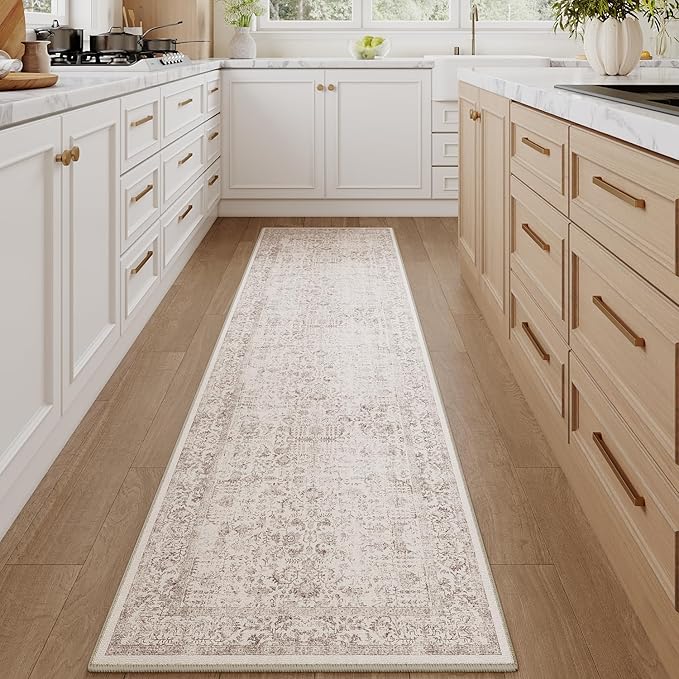 Light Brown Runner Rug 2x12 Hallway Machine Washable Kitchen Vintage Distressed Non Slip Long Carpet Indoor Retro Floral Bedroom Accent Throw Rug for Bathroom Office Laundry Dining Room