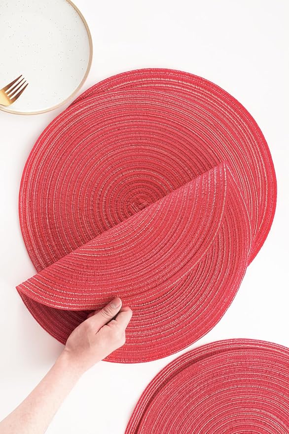 Floroom 15 Inch Round Braided Placemats Set of 6, Washable Heat Resistant Cotton Polyester Circle Place Mats for Kitchen Dining Table - Dark Red