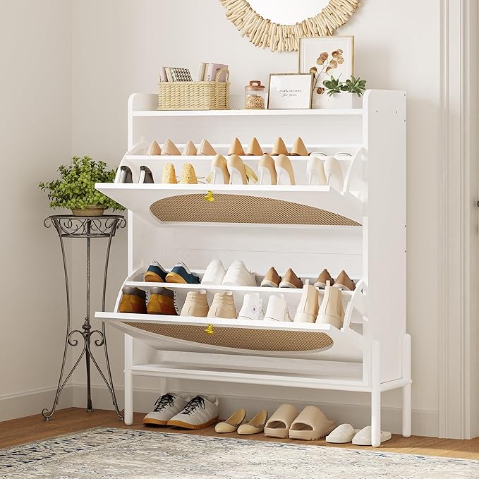 IRONCK Shoe Cabinet Storage with 2 Flip Drawers, Free Standing Wooden Shoe Storage Organizer Cabinet with Rattan Doors for Entryway, Narrow Shoe Rack Cabinet, White