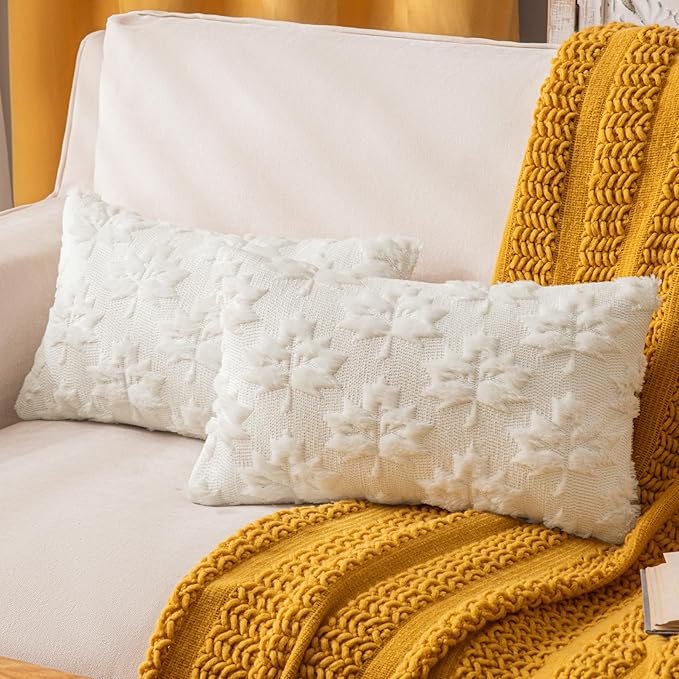 Maple Leaf Fall Throw Pillow Covers 12"x20" Set of 2, Cream White Farmhouse Decorative Pillow Covers for Autumn Harvest Holiday Accent Pillow Cases, Faux Fur Pillow Covers for Couch Bed Room