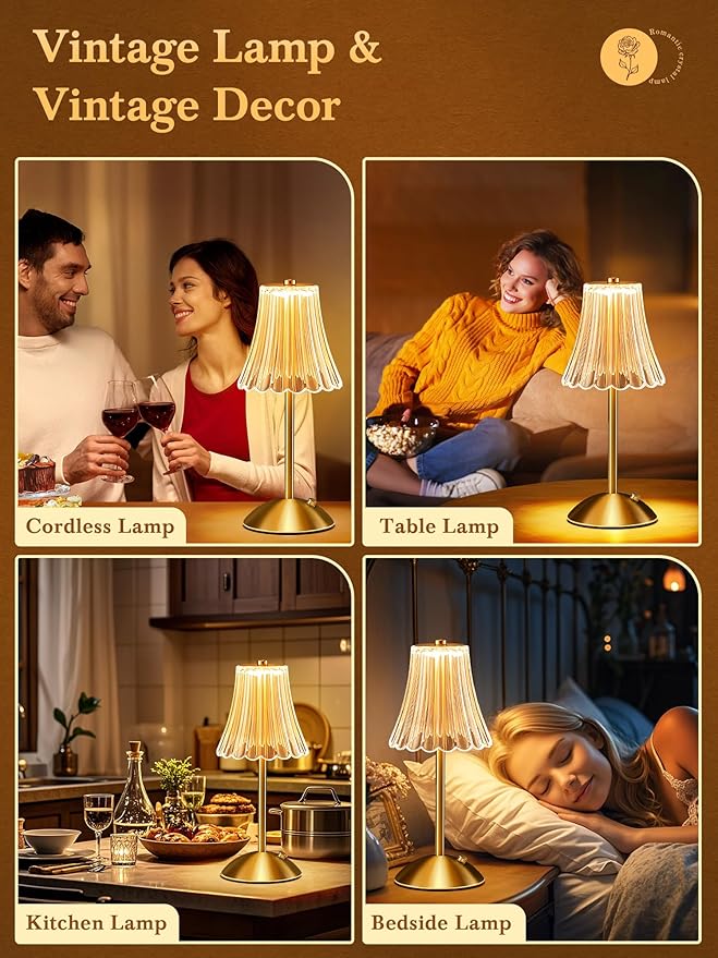Vintage Lamp,2000mAh Rechargeable Lamps Cordless Lamp,3 Colors+10 Brightness Small Battery Operated Lamps for Bedroom