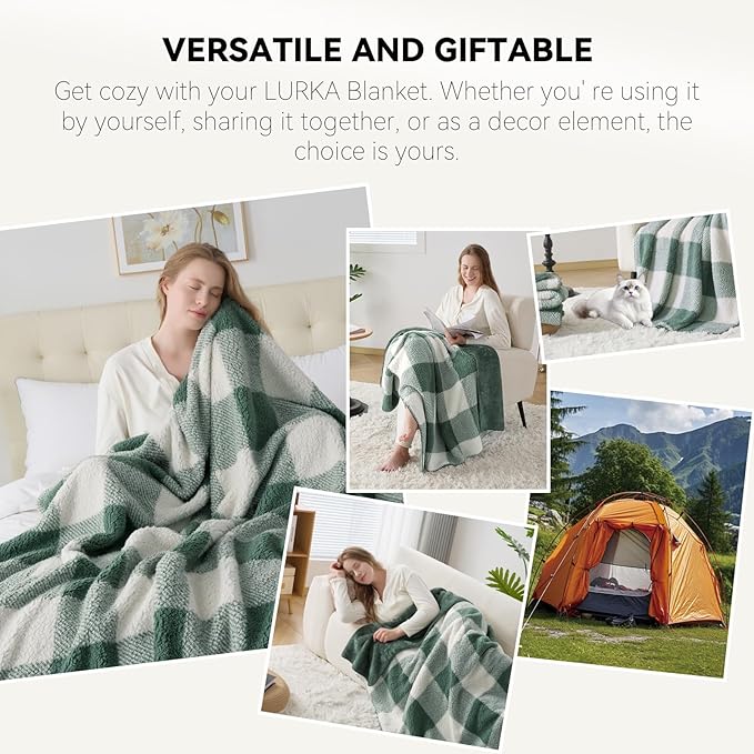 LURKA Checkered Sherpa Fleece Throw Blanket - Extra Thick and Warm Winter Soft Fuzzy Plush Blanket for Couches, Beds & Pets, Sage, 50x60 Inches