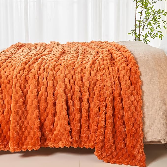 NEWCOSPLAY Super Soft Fall Queen Blanket Orange Premium Silky Flannel Fleece 3D Clouds Stylish Jacquard Lightweight Bed Blanket All Season Use 350GSM (Orange, Queen(90"x90"))