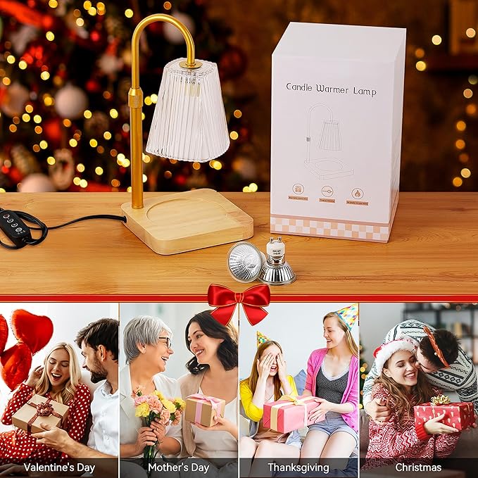 Candle Warmer Lamp with Timer and 2 Bulbs - Adjustable Height Wax Melt Electric Light Warming Dimmable Top Melter Heater for Melting Heating Small Jar Candles Gifts Women Mom Birthday Home Desk Decor