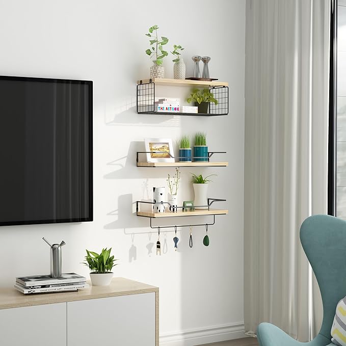 Floating Shelves Wall Mounted,Wood Bathroom Shelf Over Toilet with Paper Storage Basket, Wall Decor Farmhouse Floating Shelf for Bedroom, Living Room, Kitchen,Office (Light Rustic)