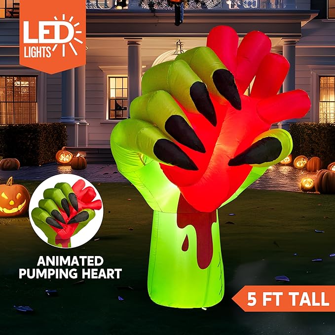 Joiedomi 5 Ft Halloween Inflatables Zombie Hand Outdoor Decorations, Blow Up Decors with Build-in LEDs and Pumping Heart, Halloween Inflatables Zombie Hand Party Decoration for Yard Garden Lawn