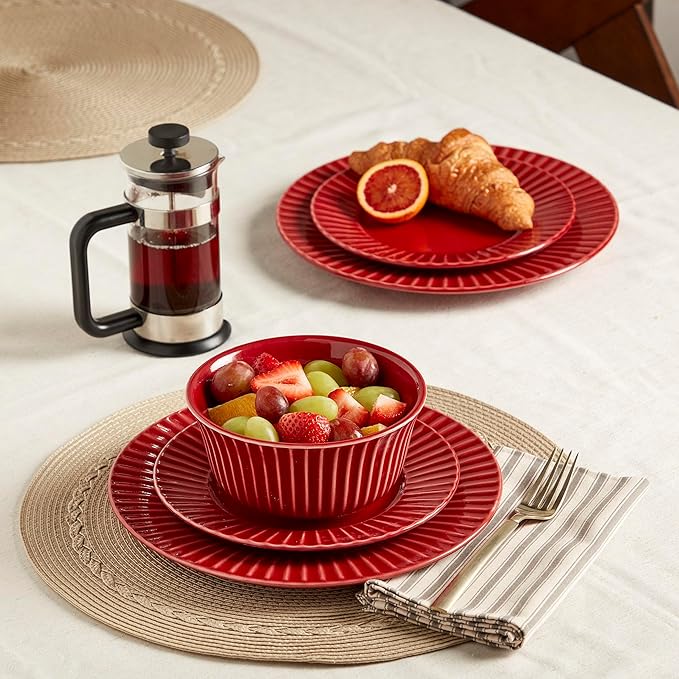 Tabletops Gallery Richmond 12-Piece Reactive Glaze Stoneware Dinnerware Set of Kitchen Dishes, Dinner Plates, Cereal Bowls, Service for 4, Red