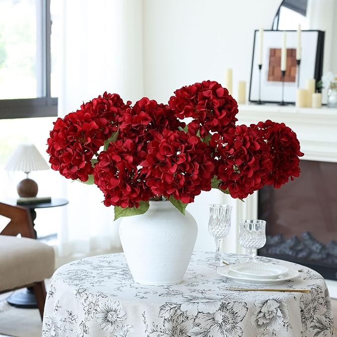mizii 4Pcs Burgundy Artificial Hydrangea Flowers Large Fake Silk Hydrangea Flower with Leaves Stems Realistic Faux Hydrangeas Decorations for Wedding Table Centerpieces Vase Home Decor (Burgundy)