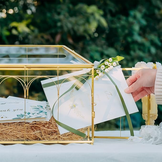 NCYP Glass Cards Box with Slot and Lock for Wedding - 12.6" x 5.9" x 9" Geometric Vintage Envelops Wishwell Card Holder - Tabletop Reception, Birthday Party Decor, Gold (Glass Box Only)