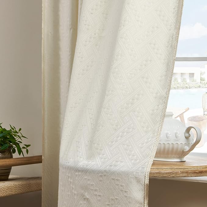 Joydeco Beige Boho Curtains 96 Inches Long 2 Panels, Super Soft Bohemian Farmhouse Curtains, Semi Sheer Light Filtering Drapes for Bedroom Living Room (Rod Pocket with No Tassels, 52Wx96L)
