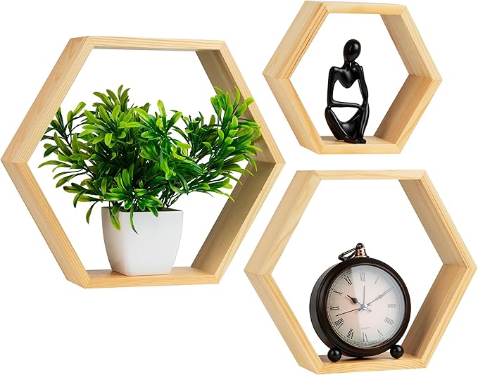 Mind Reader Hexagon Floating Shelves, Set of 3, Wall Decor, Honeycomb Accent Shelf, Cabinet Organizer, Office, Bamboo, 13.75" L x 3.125" W x 12" H, Brown