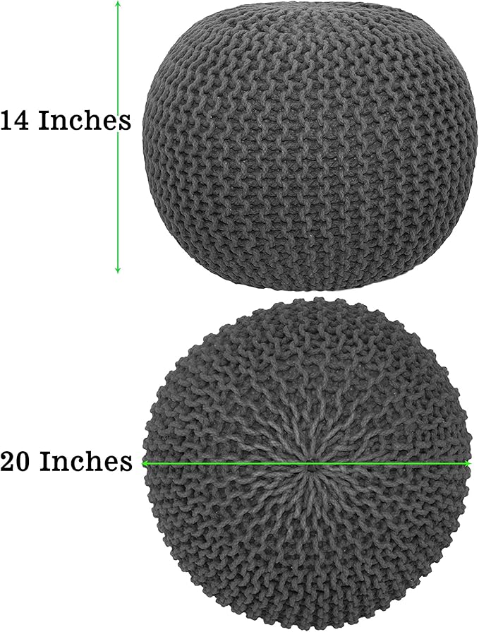 COTTON CRAFT Round Pouf - Hand Knitted Cotton Braid Cord Cable Dori Ottoman - Foot Stool - Floor Pouf Footrest Accent Seat Furniture Bean Bag - Living Room Kids Room Nursery Dorm Décor - 20x14 - Grey