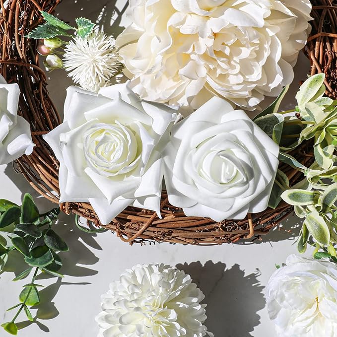 AmyHomie White Artificial Flowers Combo Silk Mix Peony Rose Hydrangea Daisy Fake Flowers w/Stem for DIY Wedding Bouquets Centerpieces Arrangements Table Decor Party Bridal Baby Shower Home Decor