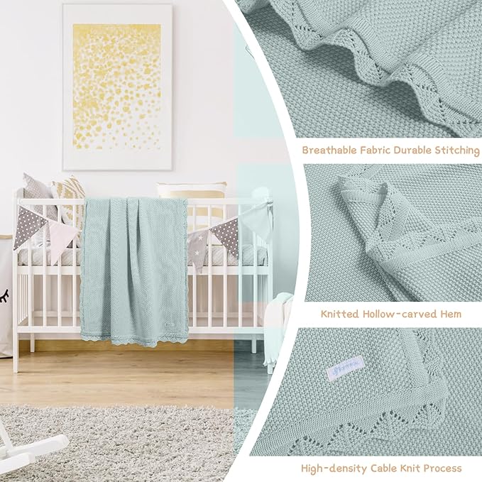 Cotton Baby Blankets 100% Knit Soft Warm Lace Toddler Newborn Nursery Receiving Blankets,30 X 40 Inches, Green