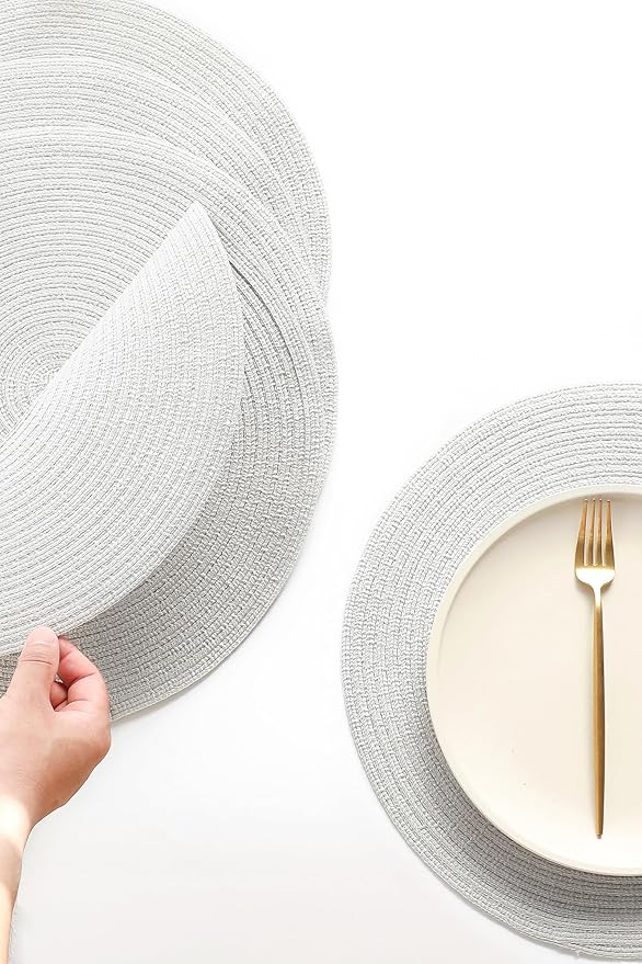 Floroom 15 Inch Round Braided Placemats Set of 4, Washable Heat Resistant Cotton Polyester Circle Place Mats for Kitchen Dining Table - Silver Grey