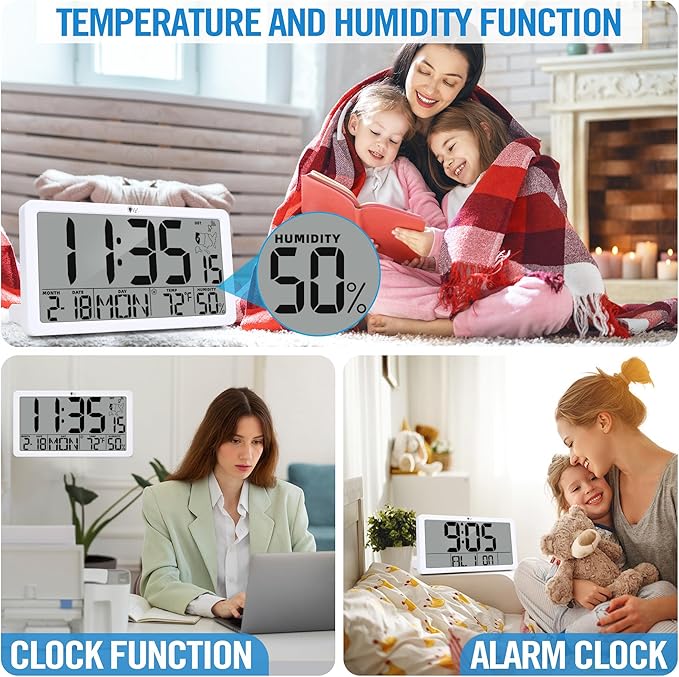 TXL Atomic Wall Clock with Backlight, Battery Operated Digital Wall Clock with Temperature, Humidity and Date, Large Display, Auto DST, 6 Time Zone(White)