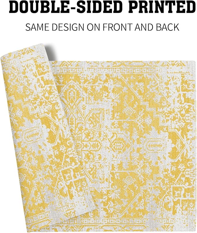 Gray Yellow Boho Placemats Set of 4 Ethnic Bohemian Carpet Place Mats Washable Kitchen Dining Vintage Grey Geography Floral Linen Table Mats Stain Heat-Resistant Cloth Tabel for Home Party 12x18 in