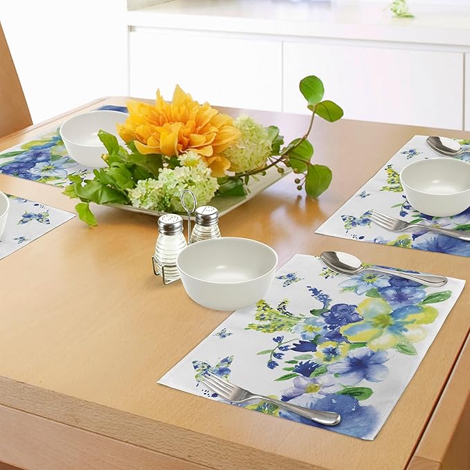 Ambesonne Yellow and Blue Place Mats Set of 8, Spring Flower Watercolor Flourishing Vibrant Blooms Design, Washable Fabric Placemats for Dining Table, Placemat 8 pcs, Royal Blue