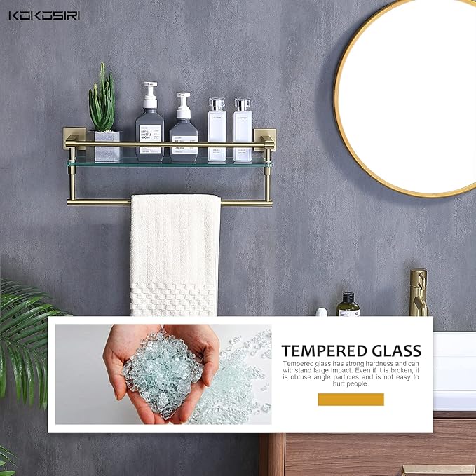 KOKOSIRI Bathroom Shelves with Towel Holder Rustproof 20'' Bathroom Tempered Glass Shelf with Rails Wall Mounted Stainless Steel, Brushed Gold Finish, B1103BG-L20