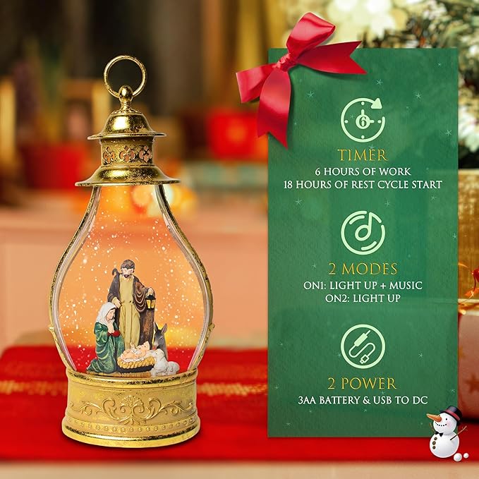 Christmas Snow Globes, 15.3" Nativity Glitter Water Lantern with Song, 6H Timer Battery & USB Powered Music Box for Christmas Decorations Indoor