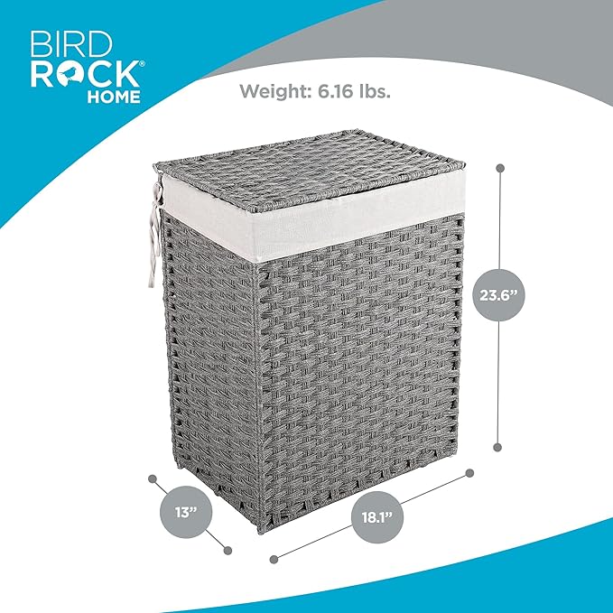 BIRDROCK HOME Laundry Hamper with Lid - Hand Woven PE Rattan Clothes Basket with Removable Liner Bag - Small Collapsible & Foldable Laundry Bin Organizer Storage for Bathroom, Bedroom - Single, Grey