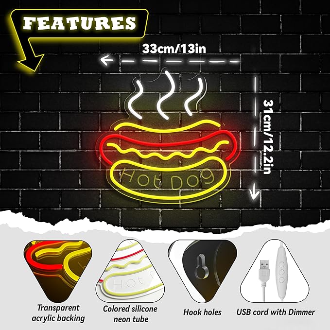 Hot Dog Neon Sign Dimmable Light up Hot Dog Led Business Signs Suitable for Fast Food Shops Bar Restaurant Decor Christmas Birthday Party Gift USB Powered Food Neon Lights
