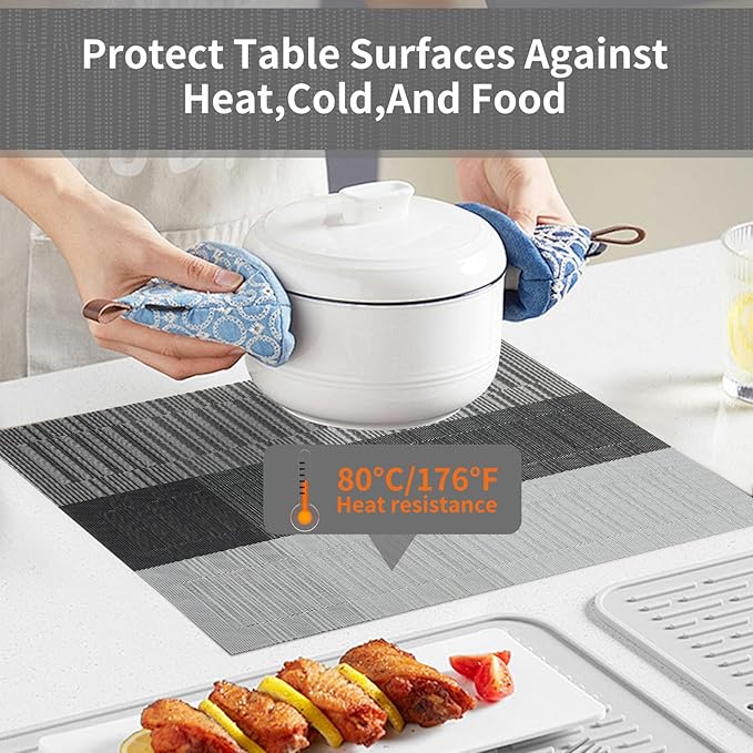 Dark Gray Placemats Set of 12-Durable PVC Vinyl Woven Washable Place Mats for Dining Table Heat Resistant Non-Slip Indoor/Outdoor Table Mats 12 * 17 inch