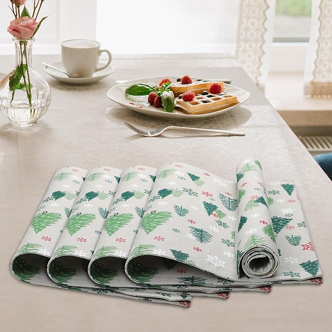 Urban Villa Christmas Placemats Green Tree 100% Cotton Fused Tablemats for Dining 14''x20'' Over Sized Set of 6 Placemats for Christmas Celebrations Wedding Parties Every Day Use Heavier Quality
