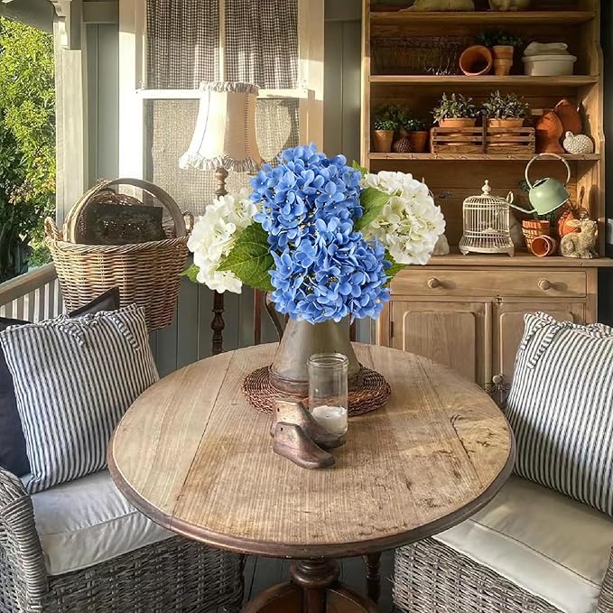 4 Pcs 20'' Real Touch Hydrangea Artificial Flowers Boho Lifelike Real Looking Latex Hydrangeas Flower with Long Stem for Baby Shower Indoor Home Decor Spring Table Centrepiece 2 Blue 2 White