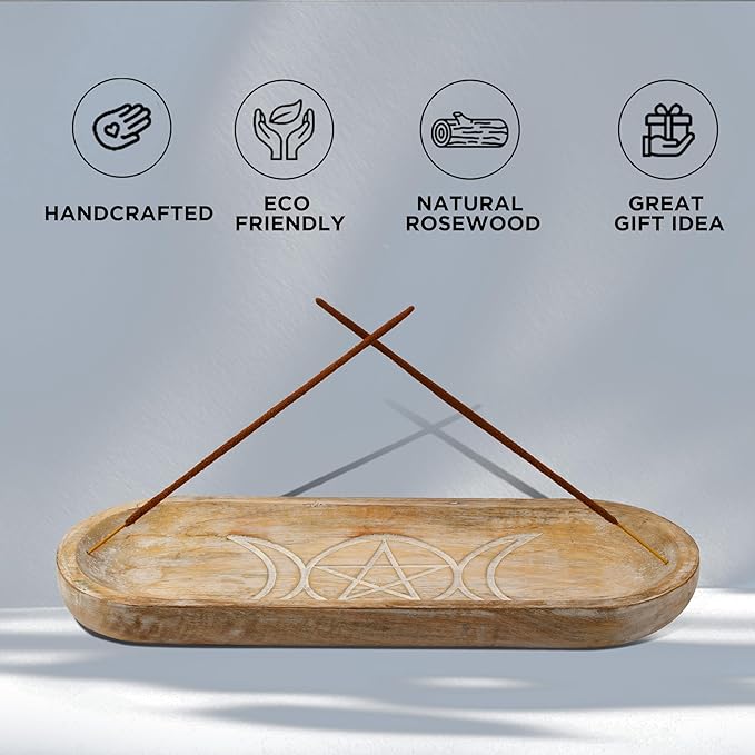 Hand Carved Incense Holder-Incense Burner/Ash Catcher/Handmade Wooden Insence Tray – Modern Gift Home/Room/Kitchen Décor Size 11x4x1.5 Inches