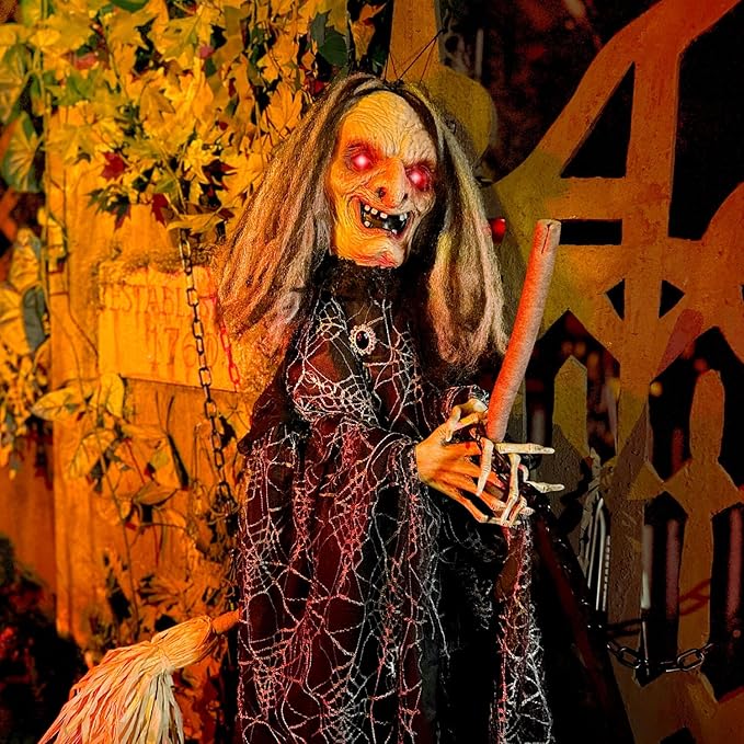 Haunted Hill Farm Animatronic Scary Witch Door Greeter with Touch Activated Lights and Sound, Battery-Operated Indoor or Covered Outdoor Halloween Decoration
