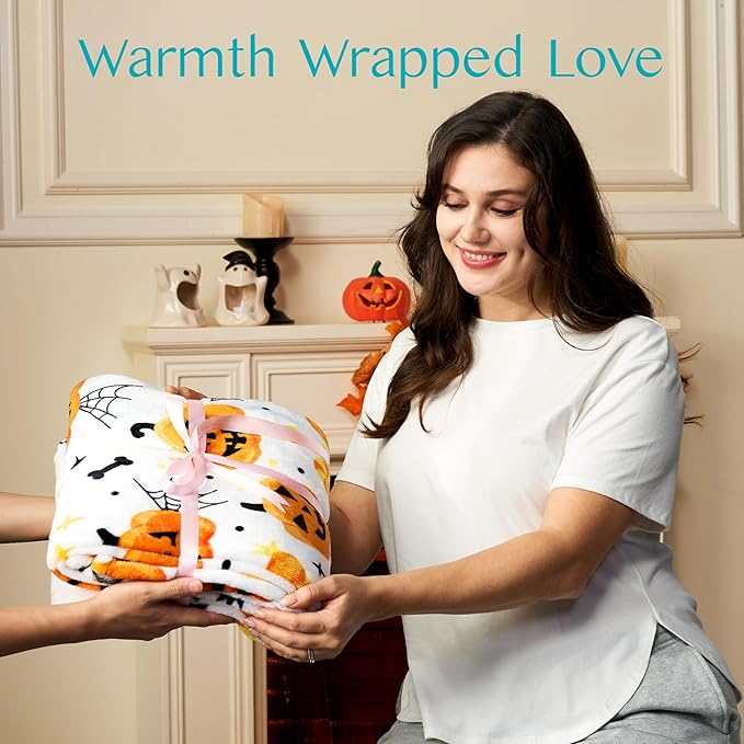 Joiedomi Halloween Throw Blanket - Soft Plush Spider Webs Bat Pumpkin Blanket - Cozy Flannel White Halloween Decoration for Party Sofa Bed Living Room 50"x60"