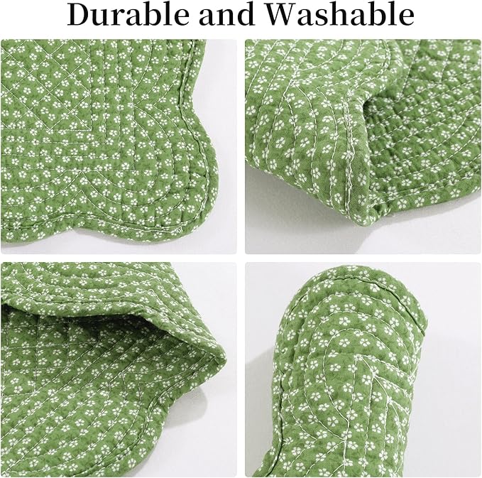 HOMBYS Quilted Placemats Set of 6 Washable-13x18 inches Rectangular Placemats for Kitchen Table-100% Cotton Fabric Rectangular Table Mats, (Green & Withe)