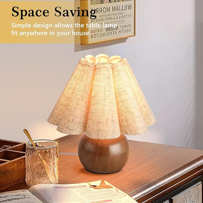 Farmhouse Cute Table Lamp for Bedroom & Living Room - Wood Grain, Vintage Style with Scalloped Shade