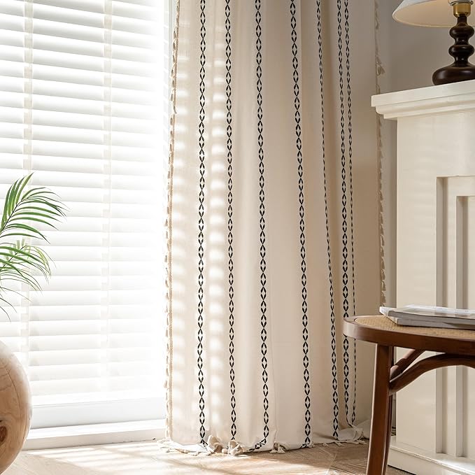 Sutuo Home Boho Farmhouse Curtains 72 Inches Long for Living Room Bedroom Bohemian House Drapes Country Style, Textured Stripe Embroidery Privacy, White and Black 1 Panel W52 x L72
