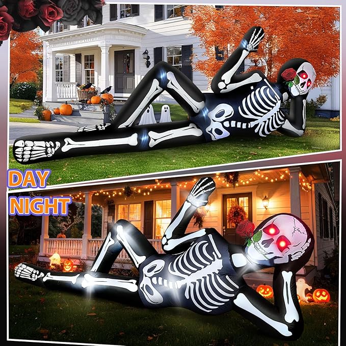 10FT Halloween Inflatable Outdoor Decoration, Halloween Blow Up Yard Decorations with LED Lights, Lying Giant Skeleton Inflatable for Rooftop Garden Lawn Balcony Holiday Party Decorations
