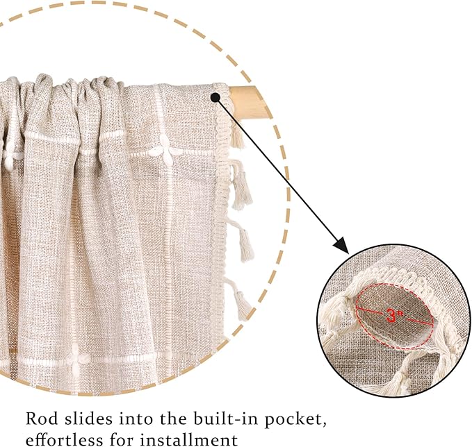 ColorBird Farmhouse Semi-Blackout Window Curtains 2 Panels Embroidery Lattice Cotton Linen Darkening Curtains with Tassel Rod Pocket Window Drapes for Dining Living Bedroom (52" W x 63" L, Linen)