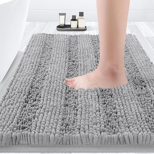 ACCUMTEK Striped Light Grey Bathroom Rug Mat 36"x24" Ultra Soft, Non Slip Chenille Bath Rugs, Absorbent Plush Shaggy Bath Mats for Bathroom, Bedroom, Kitchen, Shower, Tub,Light Gray