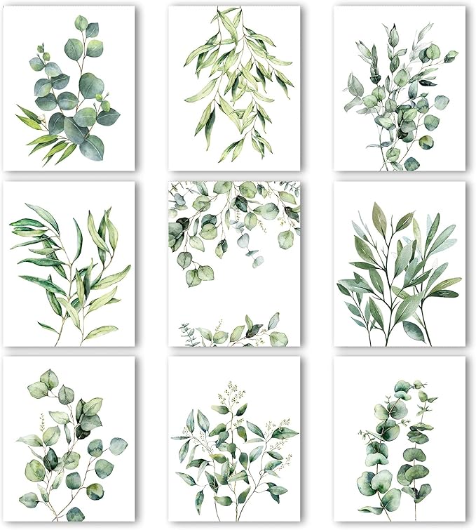 Zonon 9 Pcs Botanical Plant Wall Prints Eucalyptus Wall Decor, 10" x 8" Boho Sage Green Leaves Decoration Posters, Unframed Minimalist Art Prints for Bathroom Living Bedroom Kitchen