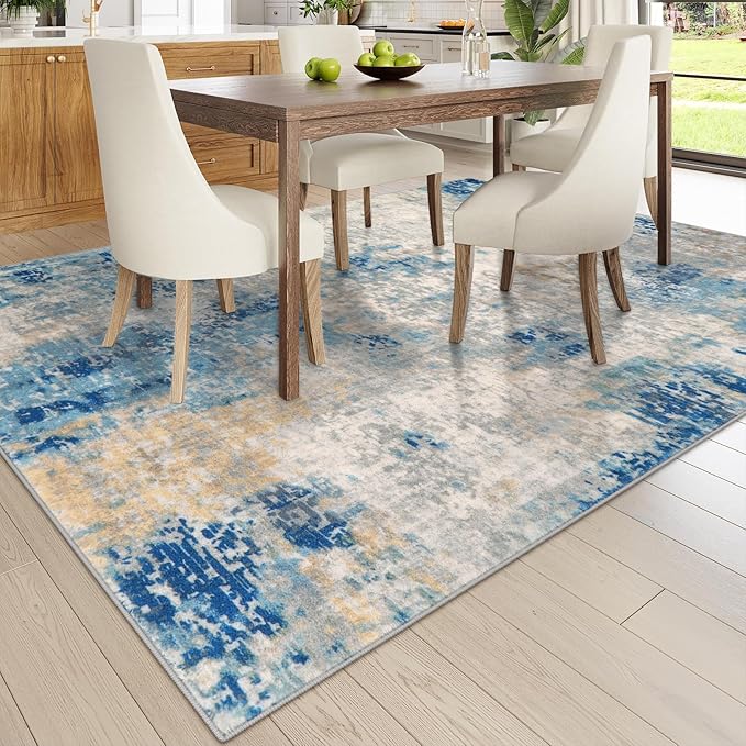 Lahome Modern Abstract 9x12 Area Rugs for Living Room, Washable Living Room Rug for Bedroom Low Pile Non Slip, Soft Indoor Accent Carpet for Dining Room Table Apartment, Blue/Grey