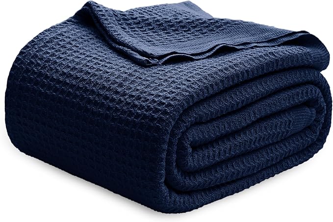 Bedsure 100% Cotton Blanket King Size for Bed - Breathable and Soft, Waffle Weave Blanket for Summer Spring, Pageant Blue, 104x90 inches