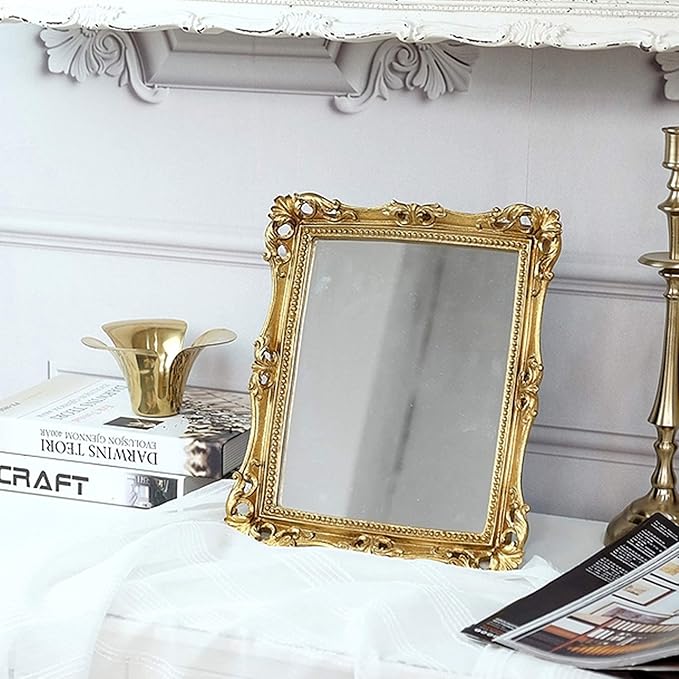 Funerom Vintage 11 x 9.5 inch Decorative Mirror, Wall Mounted & Tabletop Makeup Mirror ,Square Antique Gold