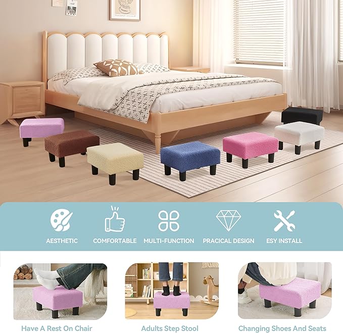 BRIAN & DANY Small Foot Stool Ottoman, Footstool with Legs, Teddy Velvet Foot Rest for Living Room, Bedroom and Office, Purple