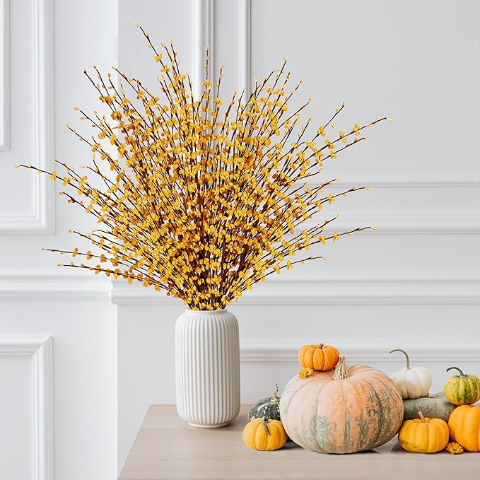 Sggvecsy 10 Pcs 29.5’’ Long Artificial Jasmine Flowers Tall Fake Flower Bouquet Faux Jasmine Plants Dry Branches for ThanksgivingAutumn Wedding Home Party Office Hotel Kitchen Decoration(Dark Yellow)