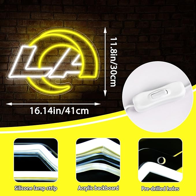 Ram Neon Sign for Wall Decor Football Team Led Neon Light for Man Cave Birthday Gifts for Football Fans Yellow Light Up Sign for Bedroom Party Club Bar Dorm Decoration Size16.1*11.8In(ZYLD267)