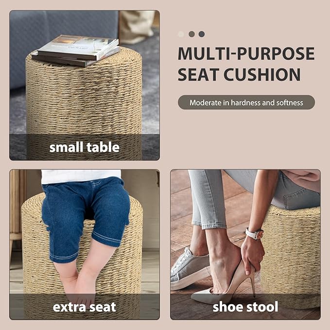 Cplxroc Pouf Ottoman, 100% Handwoven Seagrass Braided Pouffe, Boho Decor Floor Chair for Couch or Desk, Outdoor Ottomans for Garden, Round Footrest with Wood Frame, Home Decorative Seat for Balcony