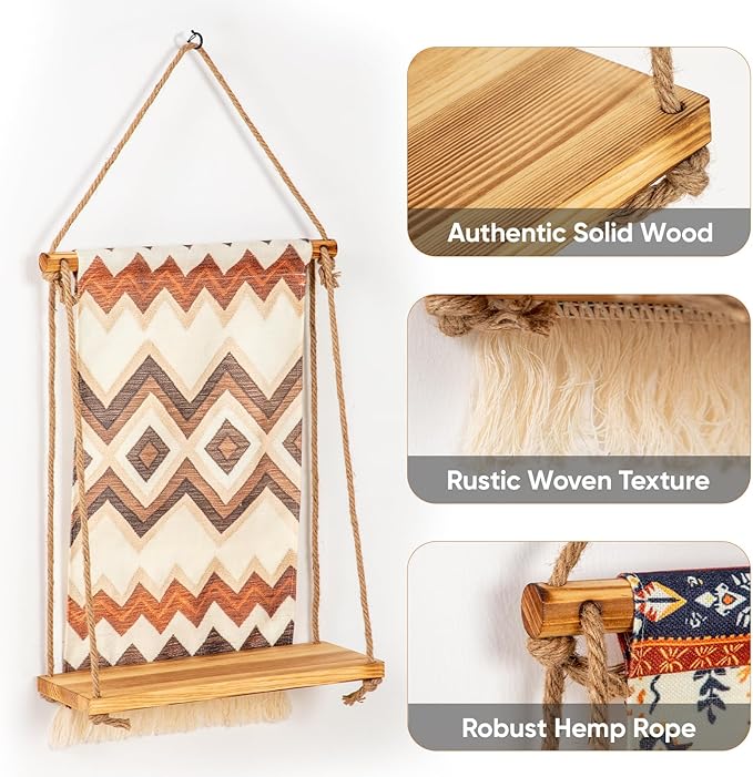 Wall Mounted Shelf, Bohemian Style Decorative Hanging Cloth, Handmade Natural Material, Suitable for Living Room Bedroom Home Storage Hanging Indoor Plant Shelf (Stripe Type)